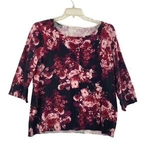 Womens Floral Cardigan Size 2X Burgundy Pink Black 3/4 Sleeve Cottage Sweater